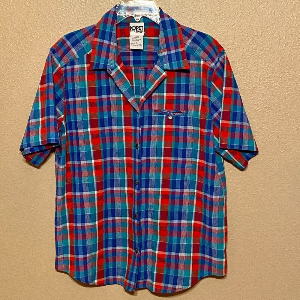 Koret City Blues multi colored plaid short sleeved button down shirt size Lg